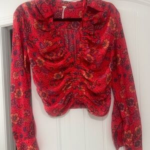 Free People Silky Red Floral Blouse